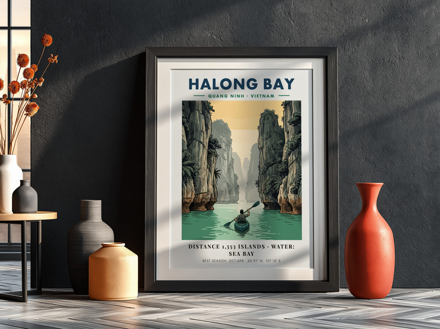 Poster showing a lone kayaker rowing through calm water between towering Halong Bay cliffs.