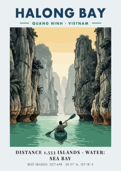 Poster showing a lone kayaker rowing through calm water between towering Halong Bay cliffs.