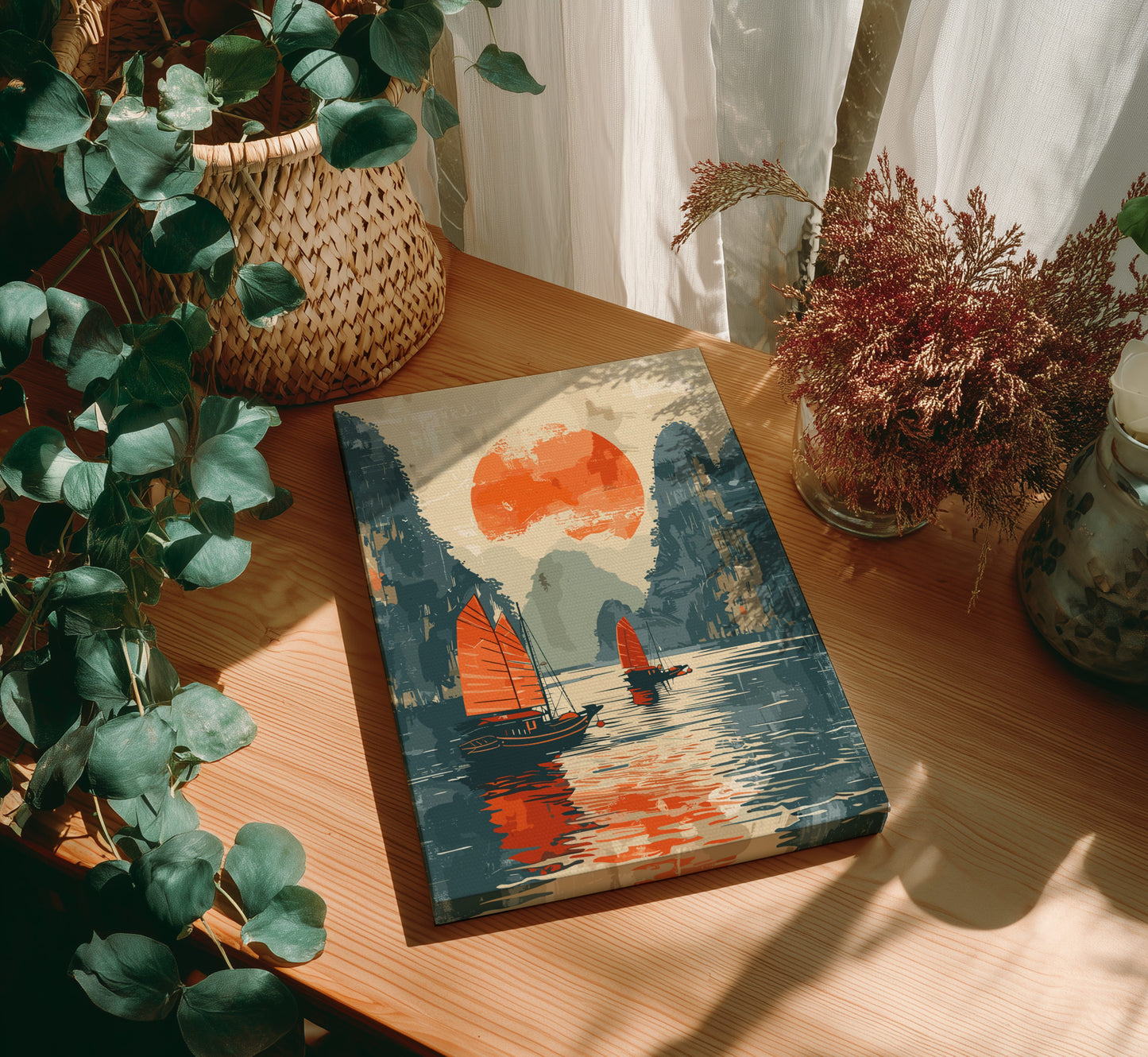 Painting of a sailboat on a wooden table with plants around