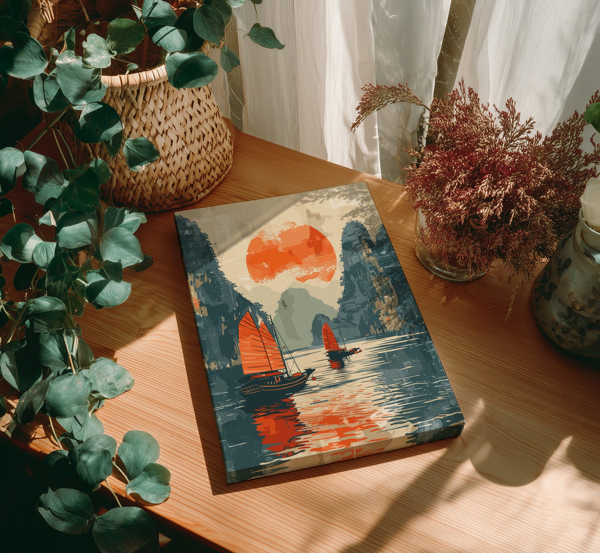 Painting of a sailboat on a wooden table with plants around