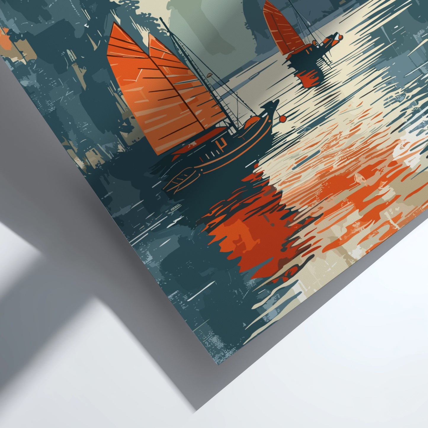 Artistic depiction of a sailboat with orange sails on a textured background
