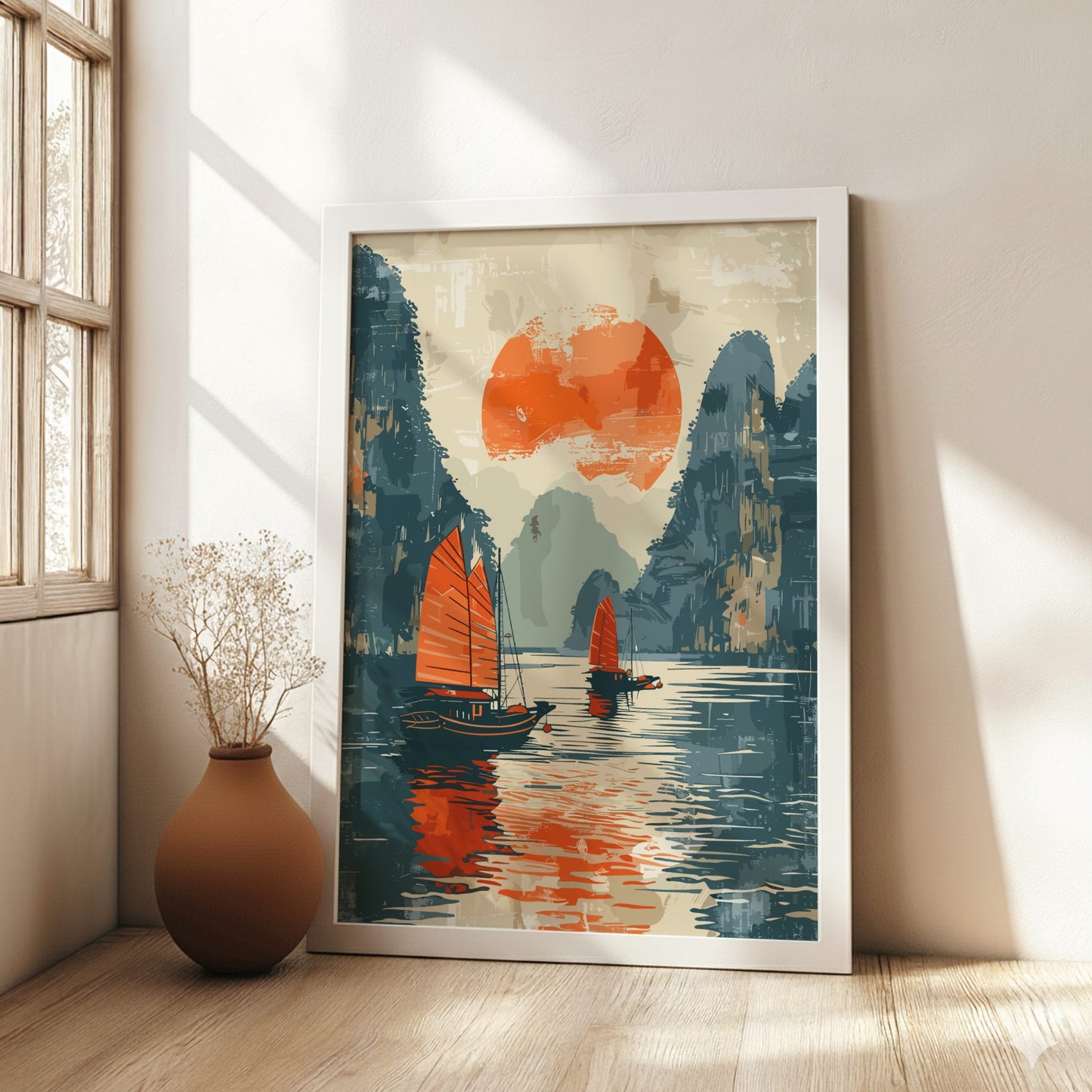Framed artwork of a sunset over water with sailboats in a room with a vase on the floor.
