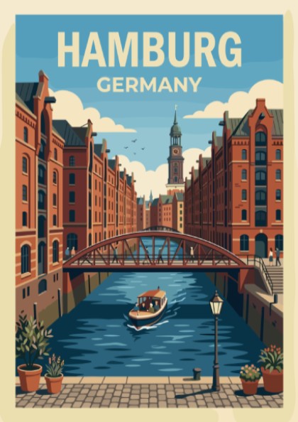Hamburg Germany travel poster featuring red brick buildings, a canal bridge, and church.