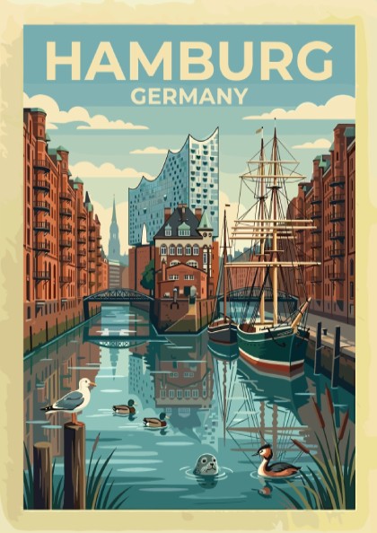 Travel poster featuring Hamburg Germany with a sailing ship, canal, and the Elbphilharmonie building.