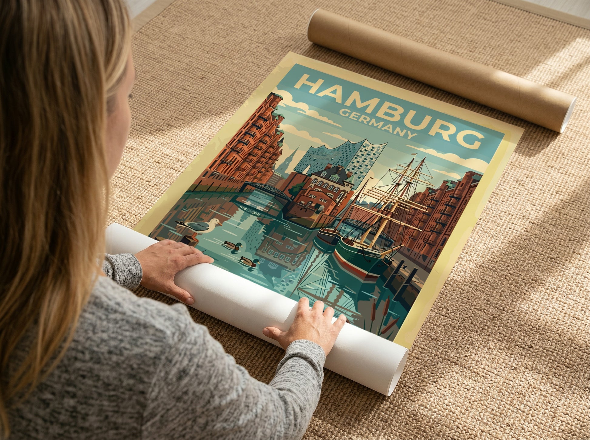 Travel poster featuring Hamburg Germany with a sailing ship, canal, and the Elbphilharmonie building.