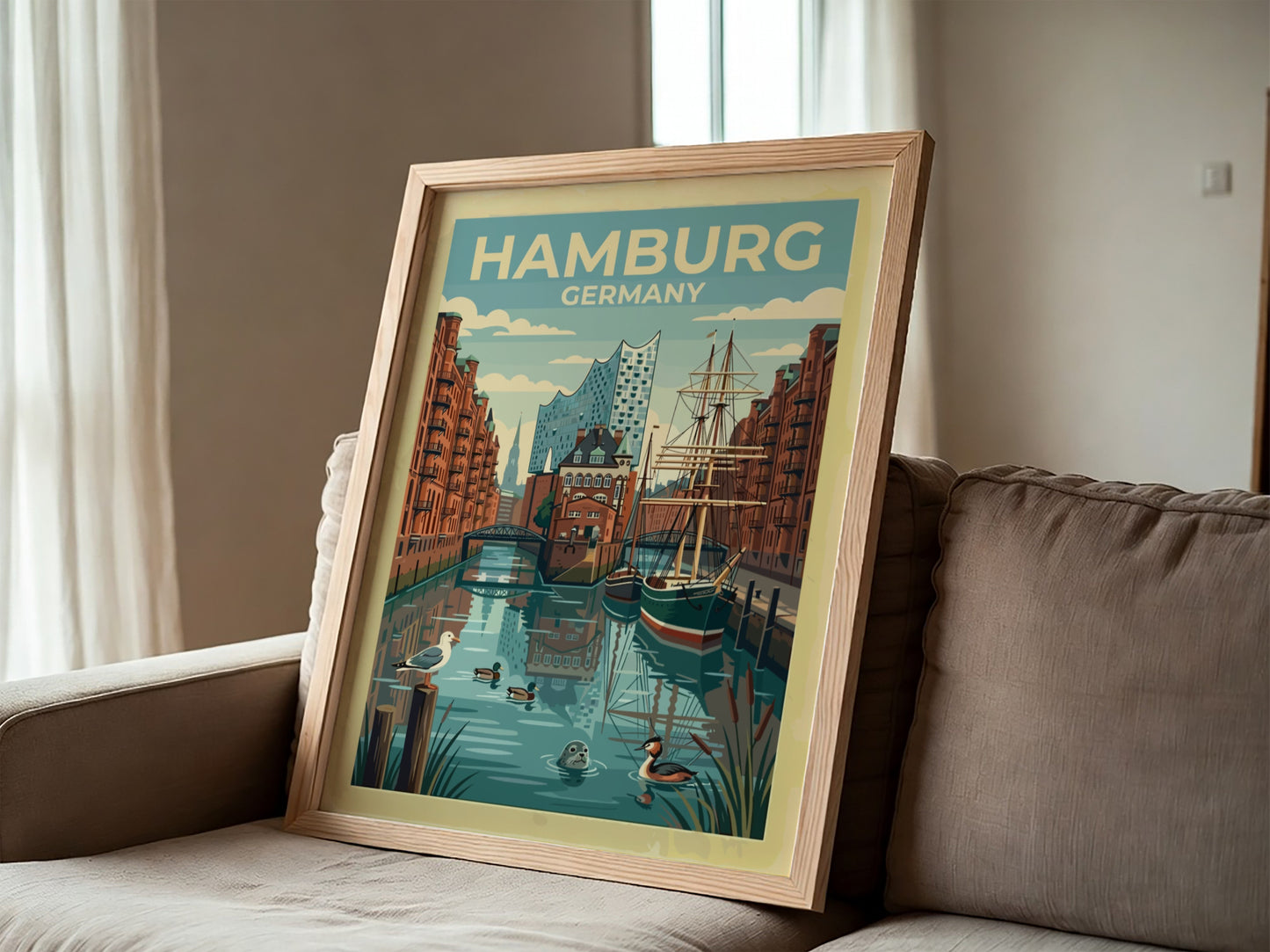 Travel poster featuring Hamburg Germany with a sailing ship, canal, and the Elbphilharmonie building.