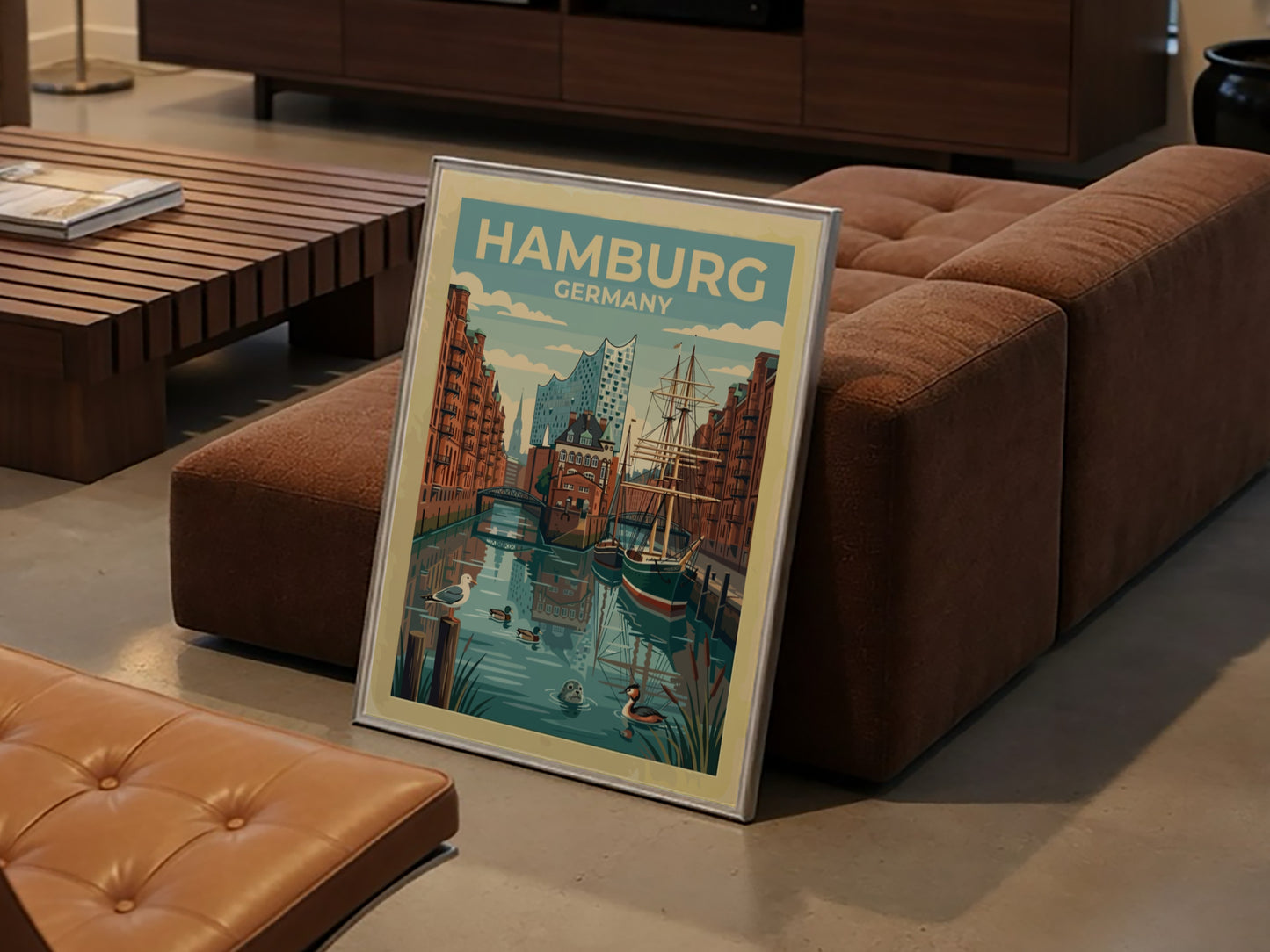 Travel poster featuring Hamburg Germany with a sailing ship, canal, and the Elbphilharmonie building.