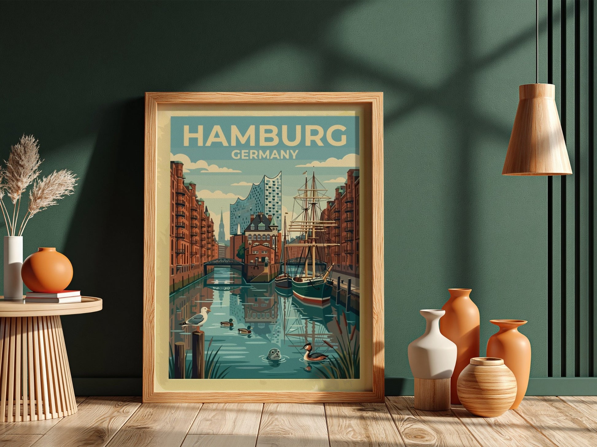 Travel poster featuring Hamburg Germany with a sailing ship, canal, and the Elbphilharmonie building.