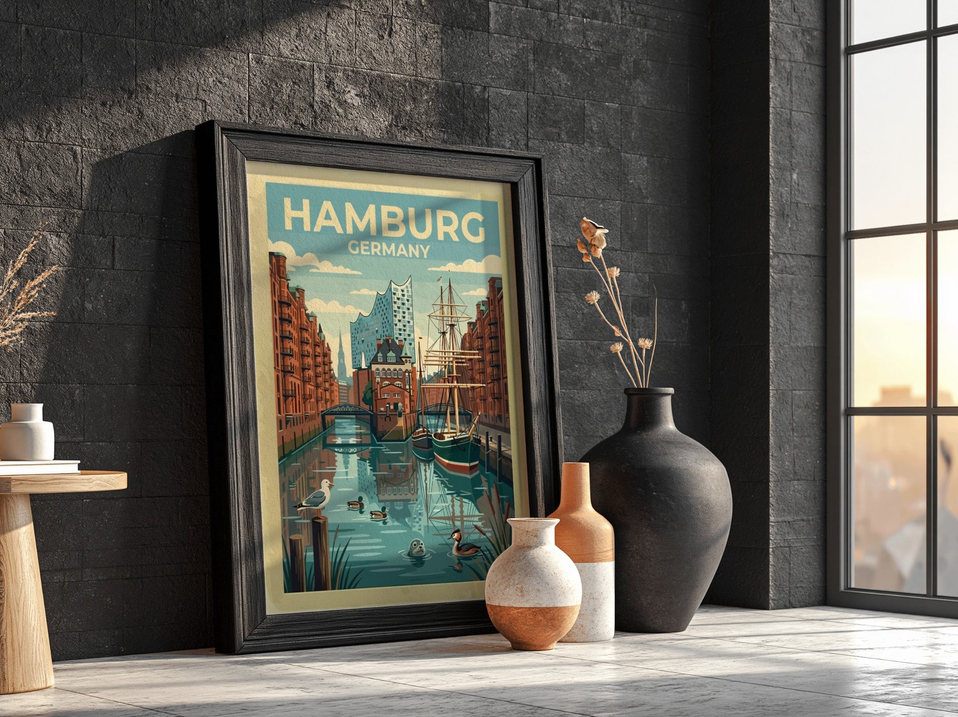 Travel poster featuring Hamburg Germany with a sailing ship, canal, and the Elbphilharmonie building.