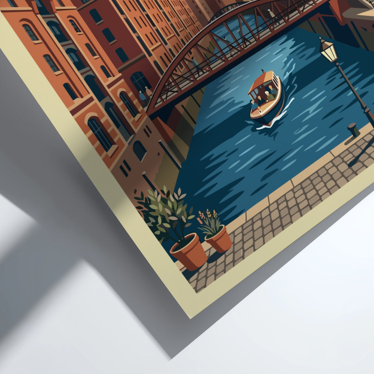 Hamburg Germany travel poster featuring red brick buildings, a canal bridge, and church.