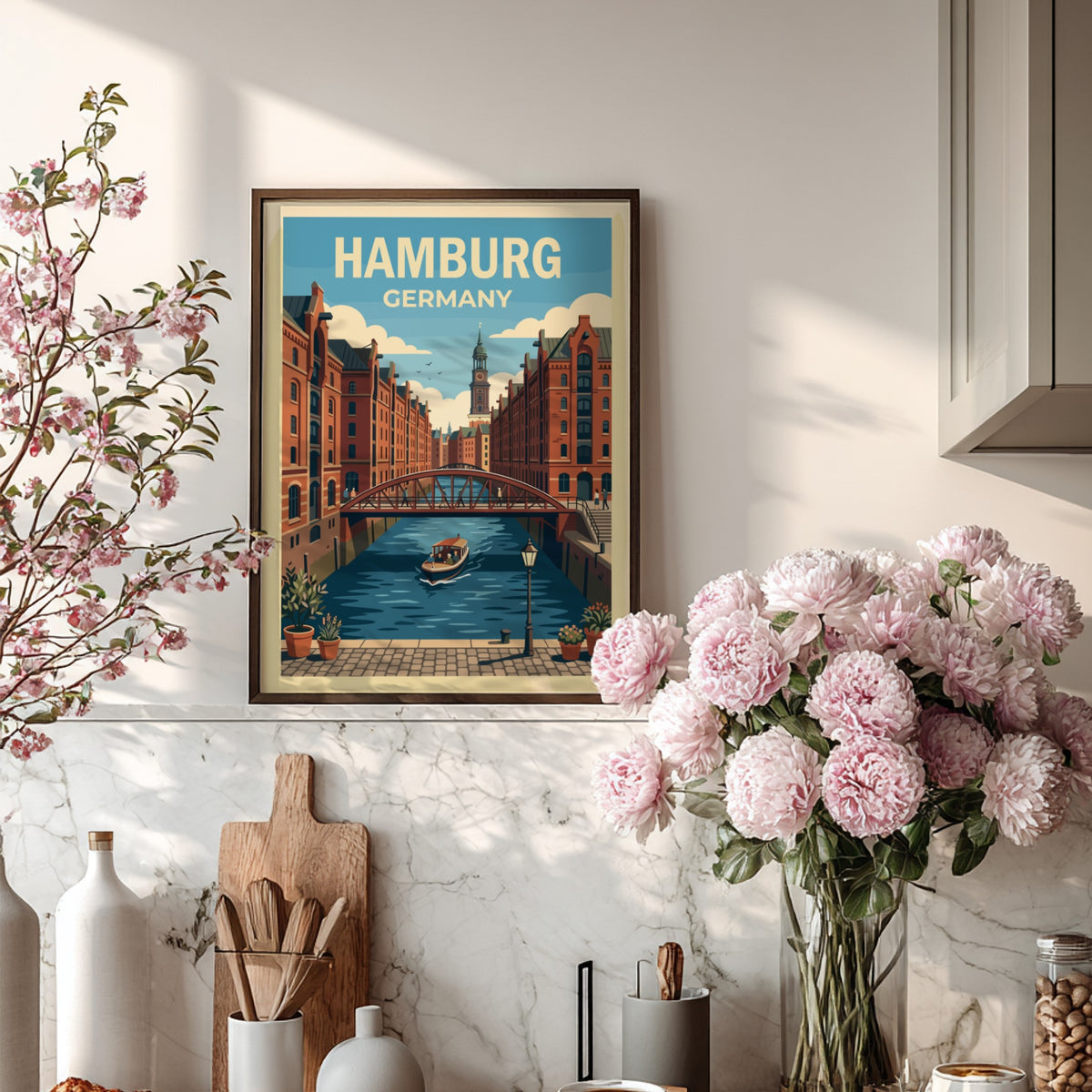 Hamburg Germany travel poster featuring red brick buildings, a canal bridge, and church.