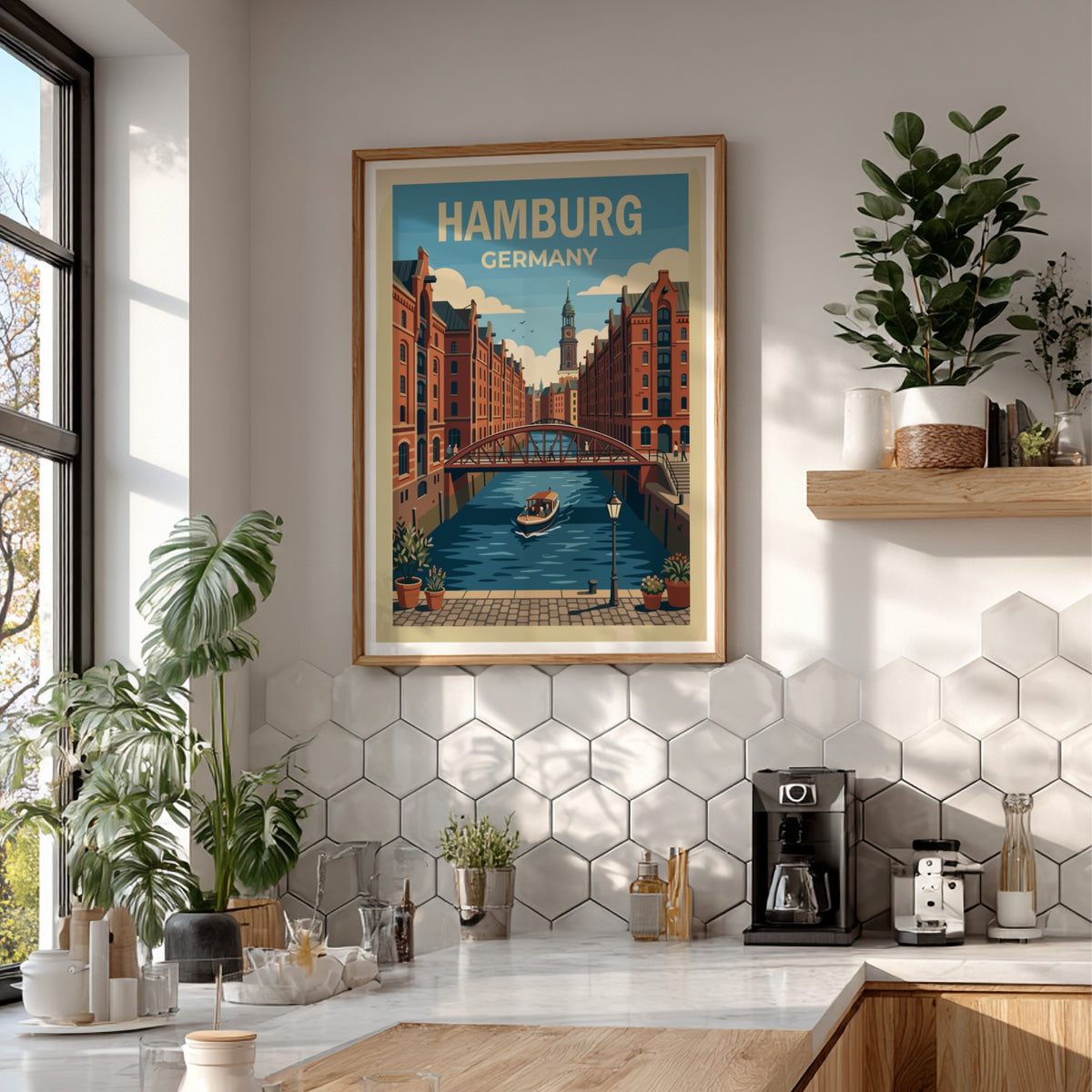 Hamburg Germany travel poster featuring red brick buildings, a canal bridge, and church.