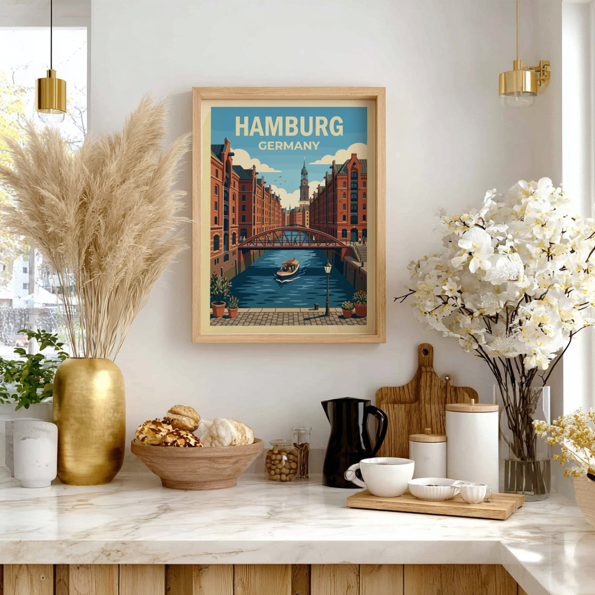 Hamburg Germany travel poster featuring red brick buildings, a canal bridge, and church.