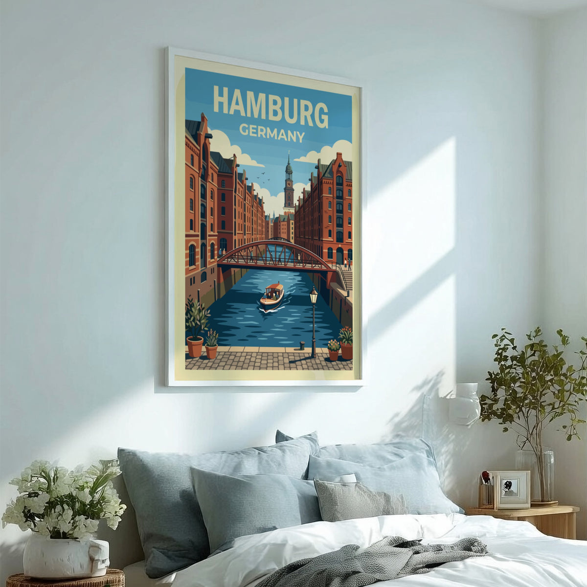 Hamburg Germany travel poster featuring red brick buildings, a canal bridge, and church.