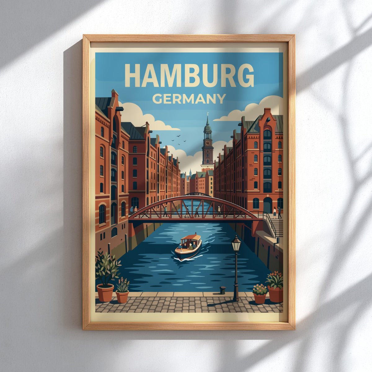 Hamburg Germany travel poster featuring red brick buildings, a canal bridge, and church.