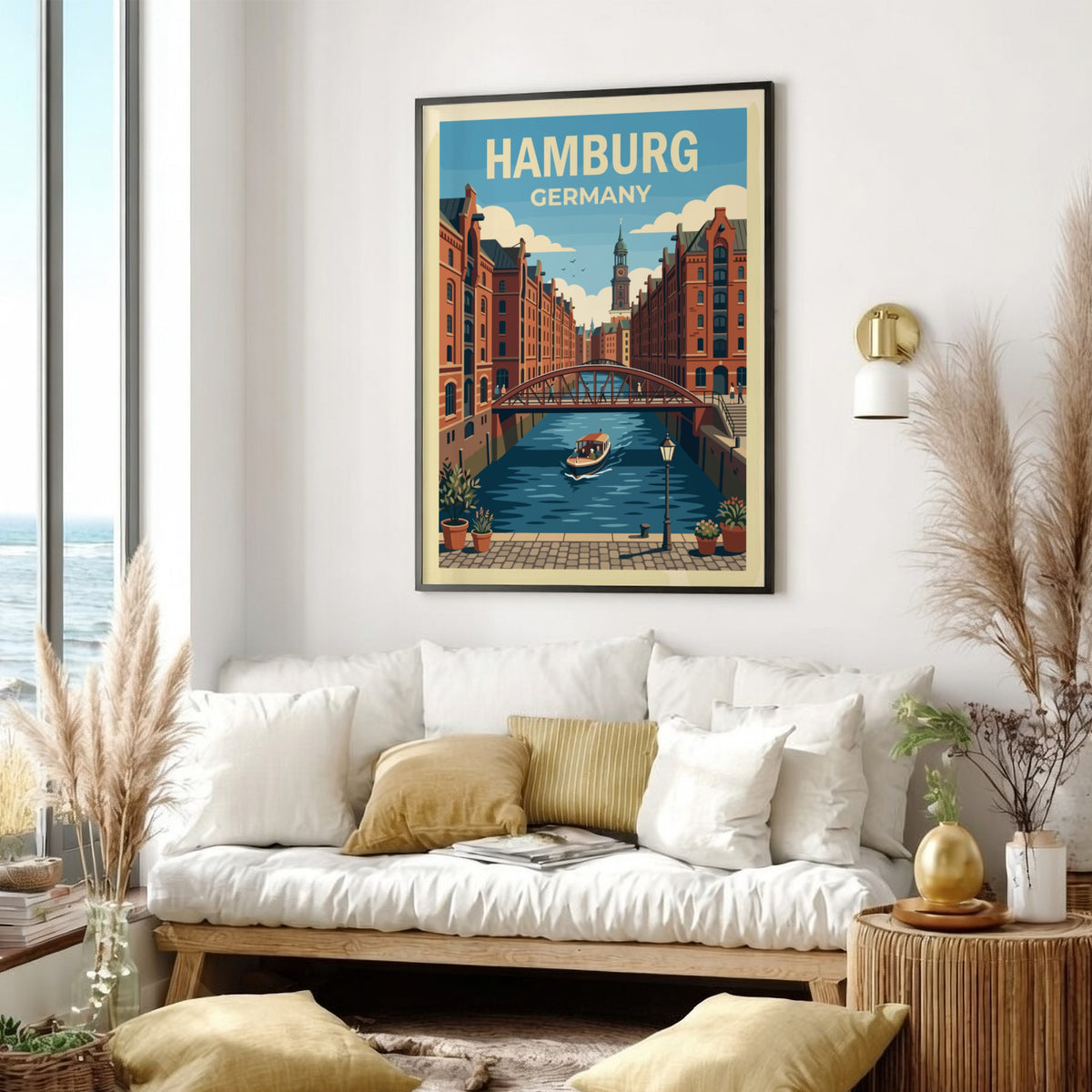 Hamburg Germany travel poster featuring red brick buildings, a canal bridge, and church.