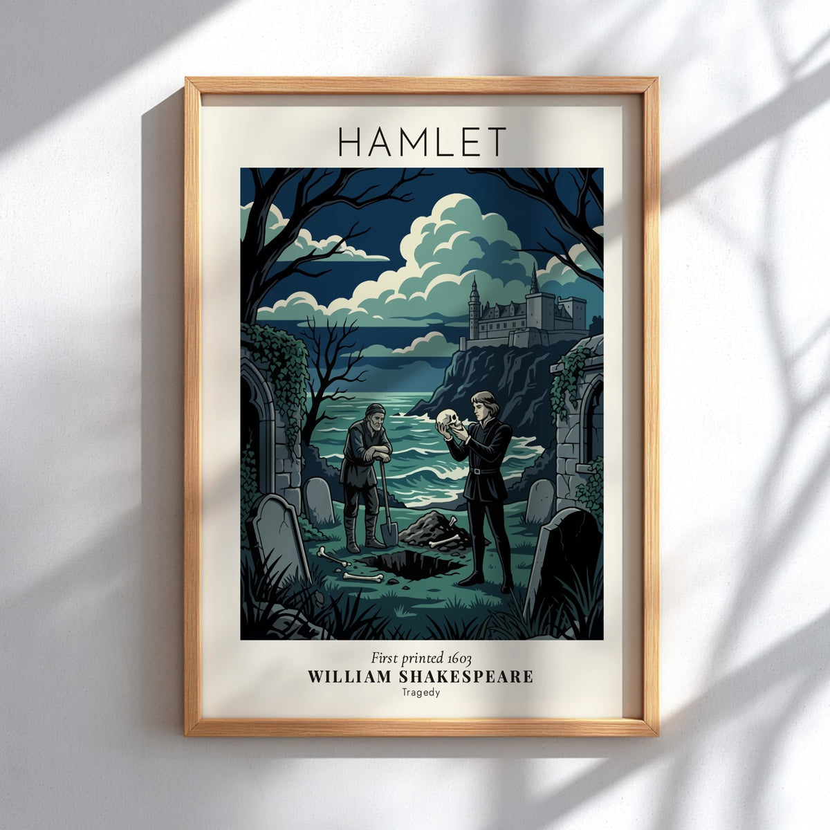 Hamlet poster featuring a gravedigger and Shakespeare's protagonist holding a skull in blue tones.