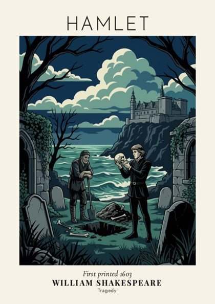 Hamlet poster featuring a gravedigger and Shakespeare's protagonist holding a skull in blue tones.
