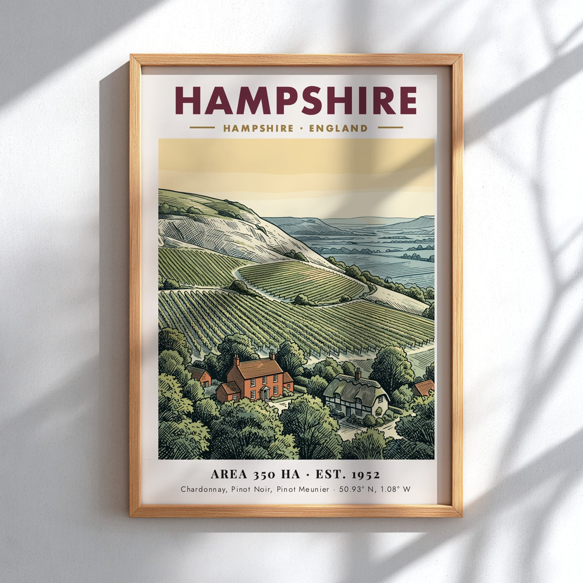 Poster of a Hampshire England vineyard with rolling hills and stone cottages printed