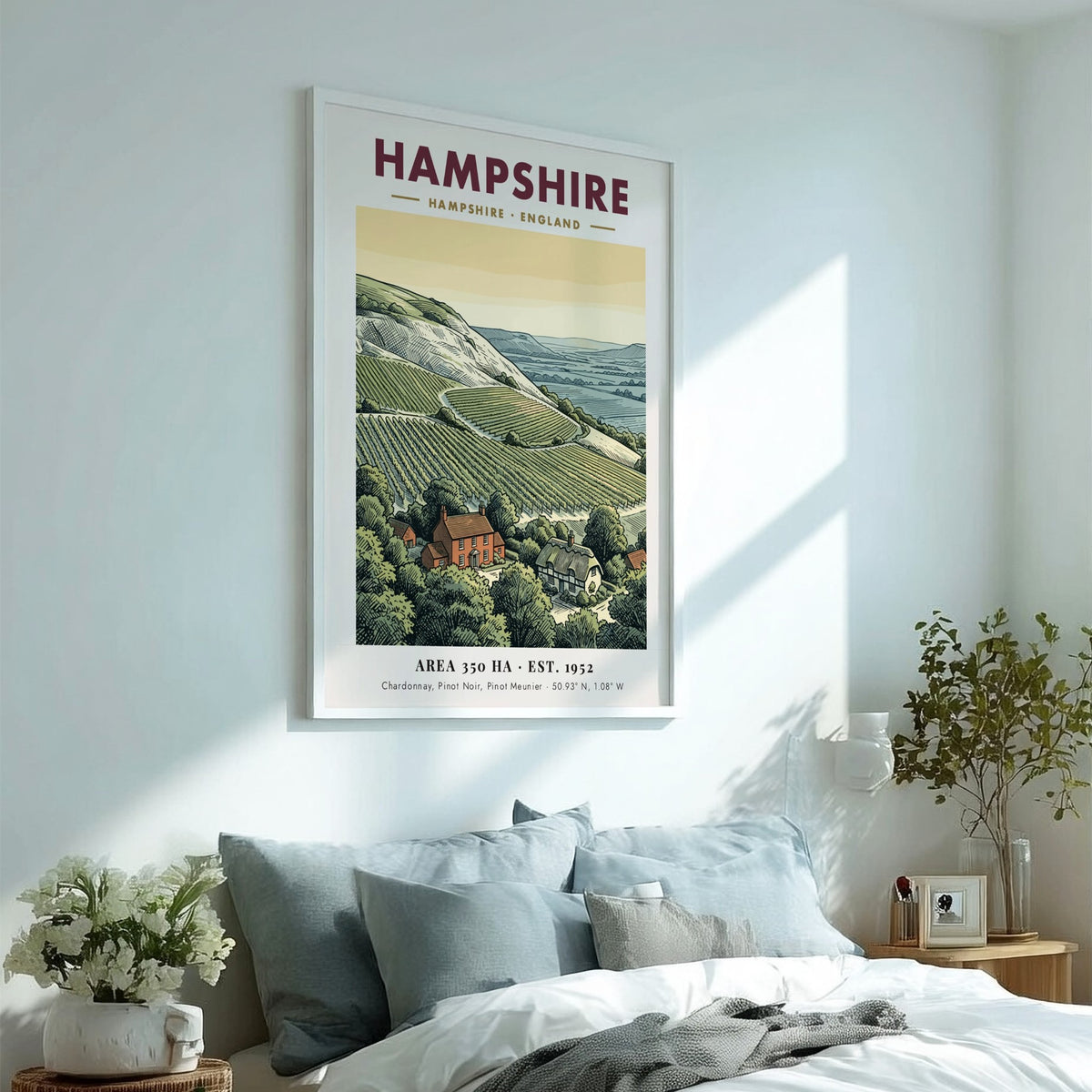 Poster of a Hampshire England vineyard with rolling hills and stone cottages printed