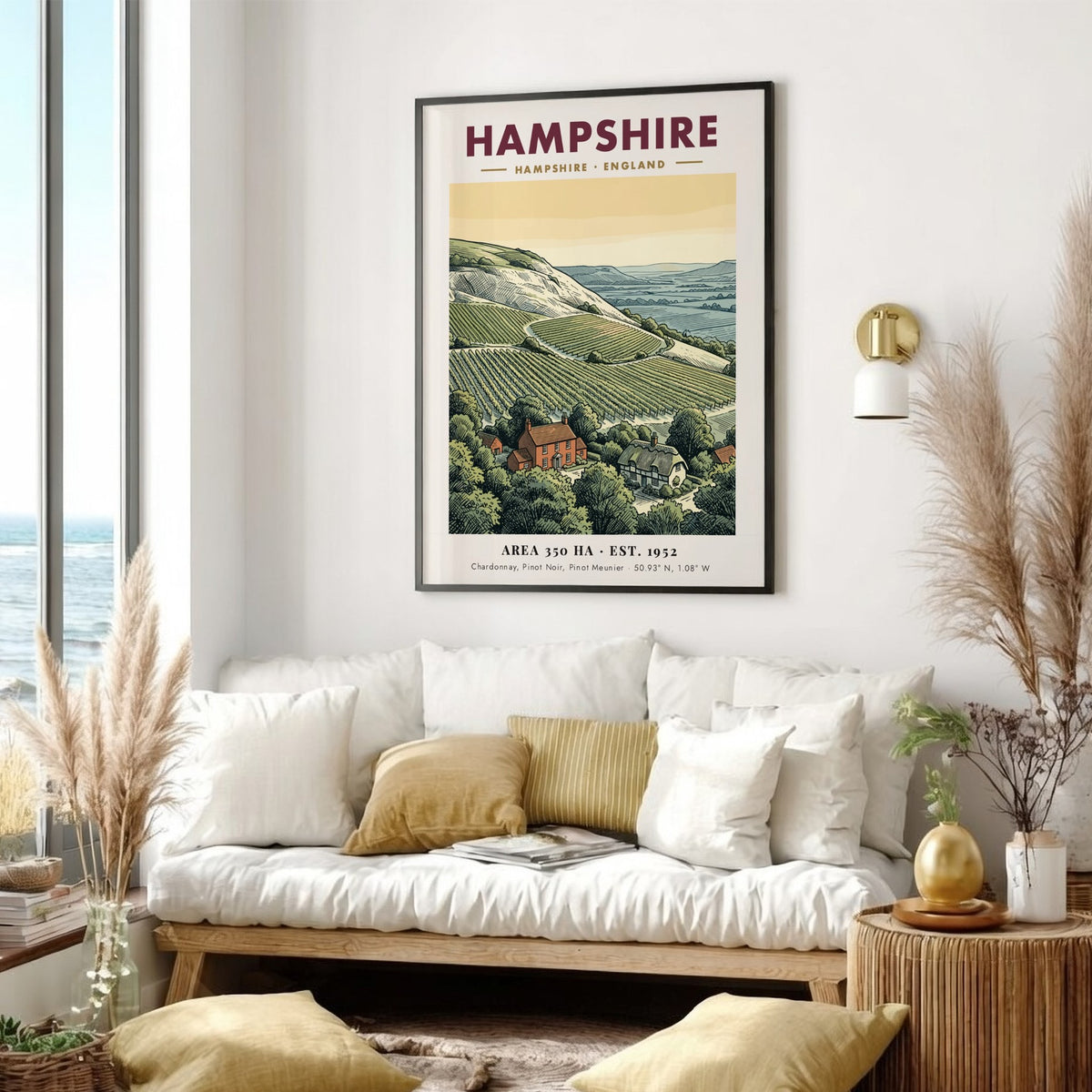 Poster of a Hampshire England vineyard with rolling hills and stone cottages printed