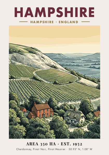 Poster of a Hampshire England vineyard with rolling hills and stone cottages printed