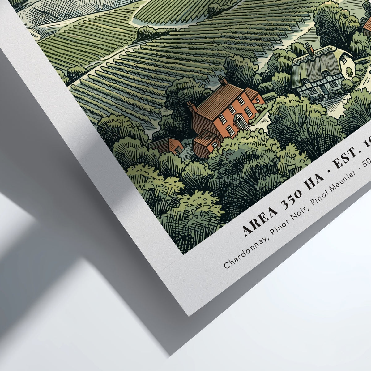 Poster of a Hampshire England vineyard with rolling hills and stone cottages printed