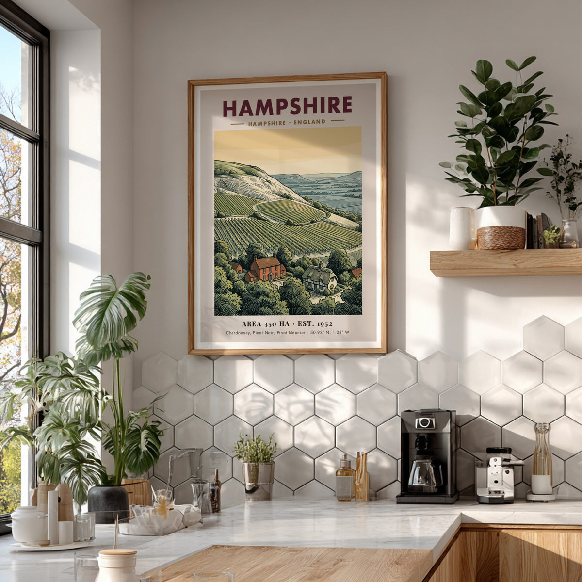 Poster of a Hampshire England vineyard with rolling hills and stone cottages printed