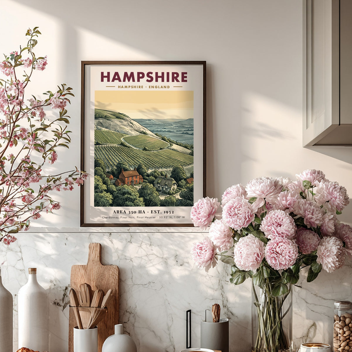 Poster of a Hampshire England vineyard with rolling hills and stone cottages printed