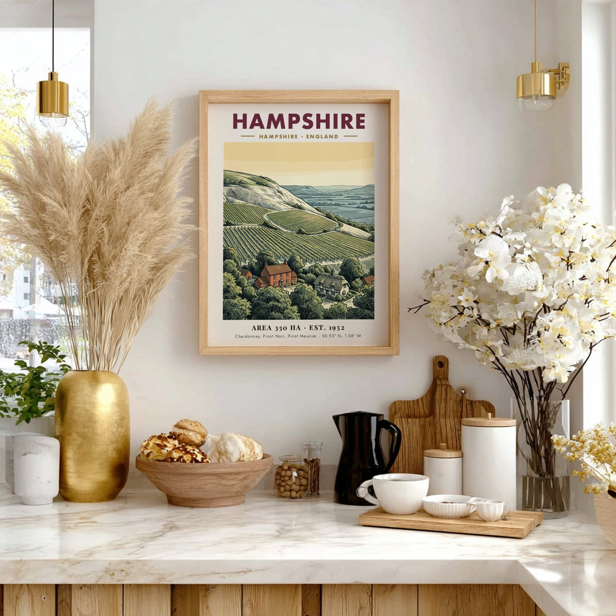 Poster of a Hampshire England vineyard with rolling hills and stone cottages printed