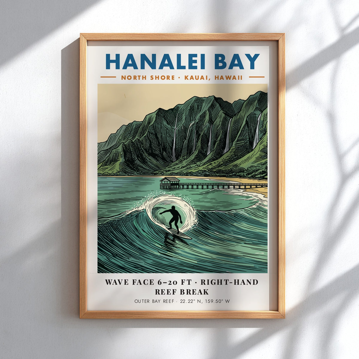 Hanalei Bay poster featuring a surfer on a wave with a mountain backdrop