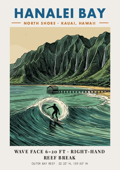 Hanalei Bay poster featuring a surfer on a wave with a mountain backdrop