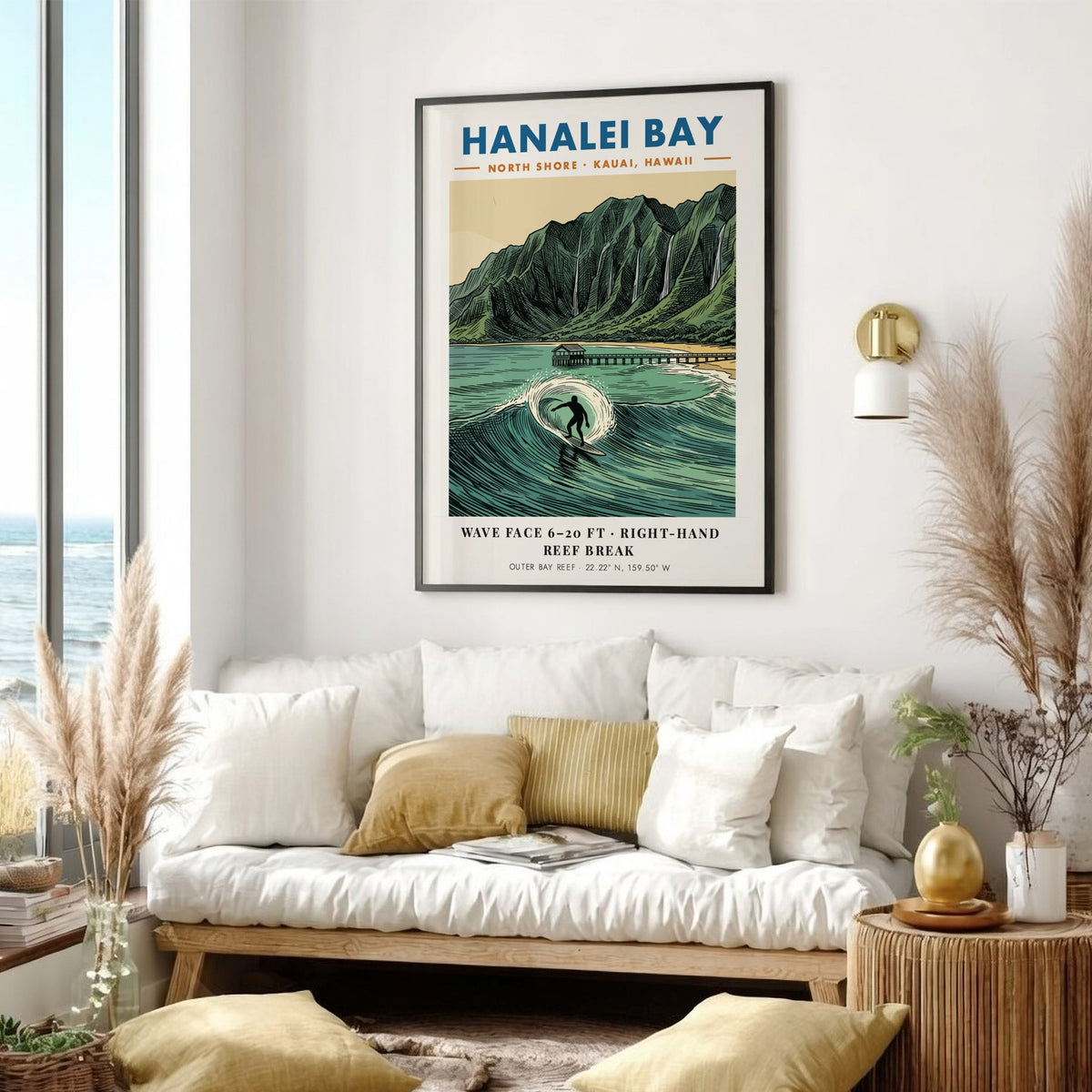 Hanalei Bay poster featuring a surfer on a wave with a mountain backdrop