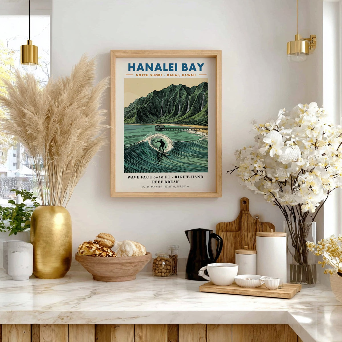 Hanalei Bay poster featuring a surfer on a wave with a mountain backdrop