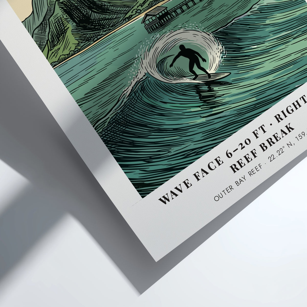 Hanalei Bay poster featuring a surfer on a wave with a mountain backdrop