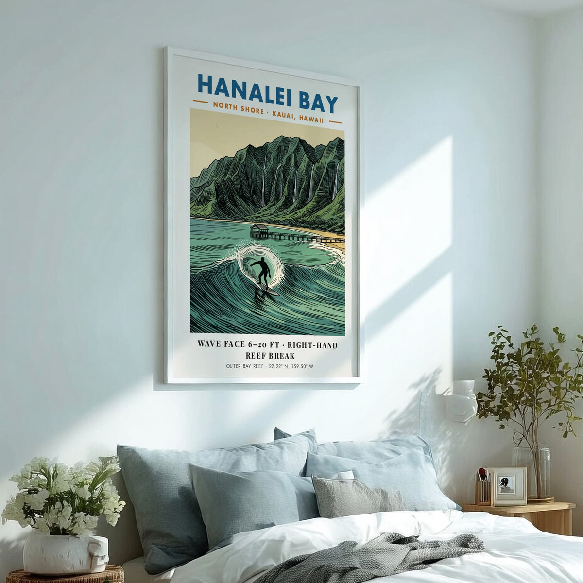 Hanalei Bay poster featuring a surfer on a wave with a mountain backdrop