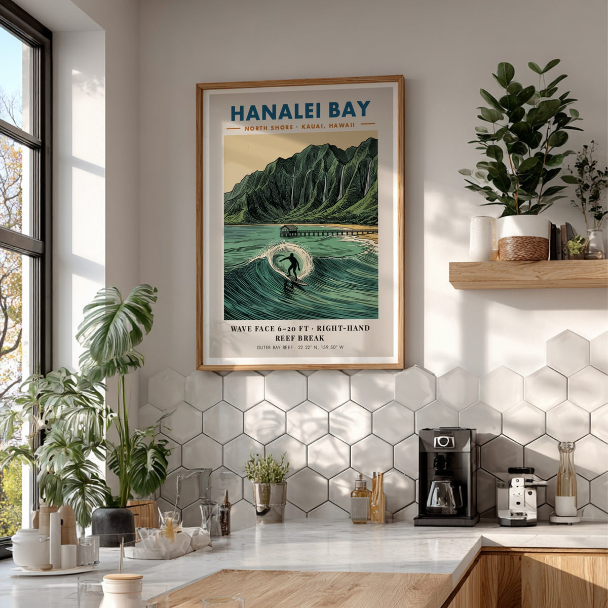 Hanalei Bay poster featuring a surfer on a wave with a mountain backdrop