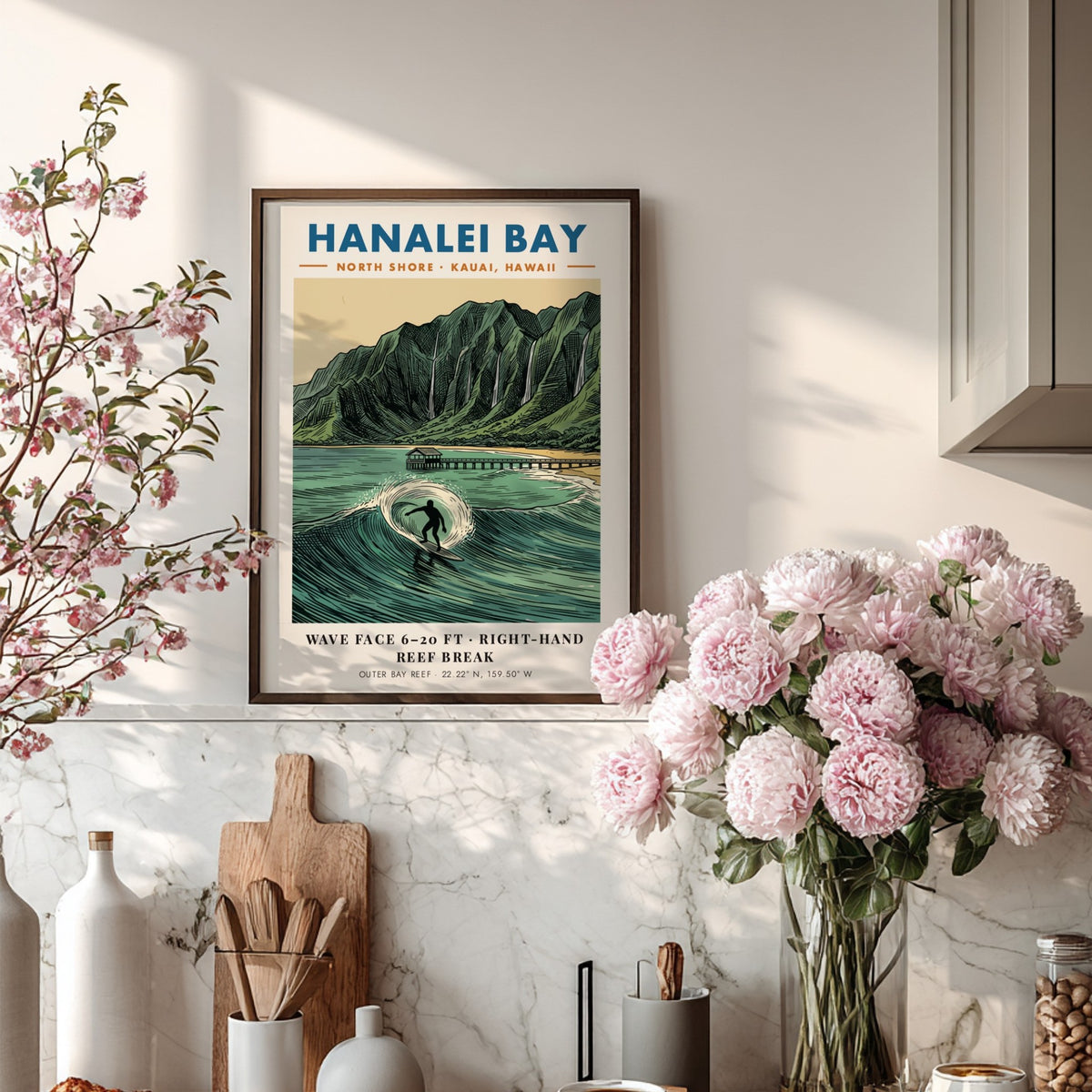 Hanalei Bay poster featuring a surfer on a wave with a mountain backdrop