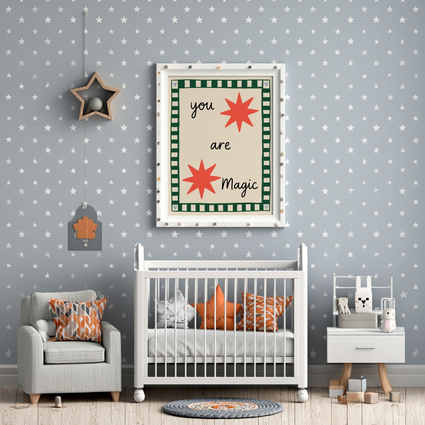 Kids room poster featuring coral stars and the text 'You are Magic' in a playful design.