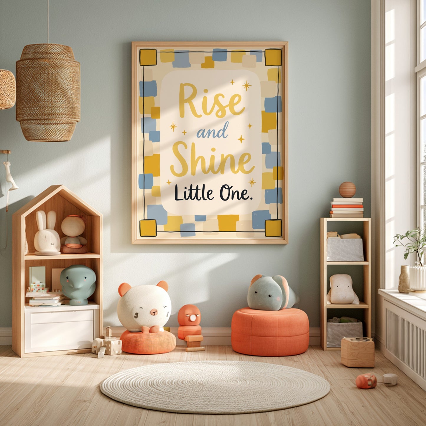 Kids room poster featuring 'Rise and Shine' in soft colors, ideal for nursery decor.