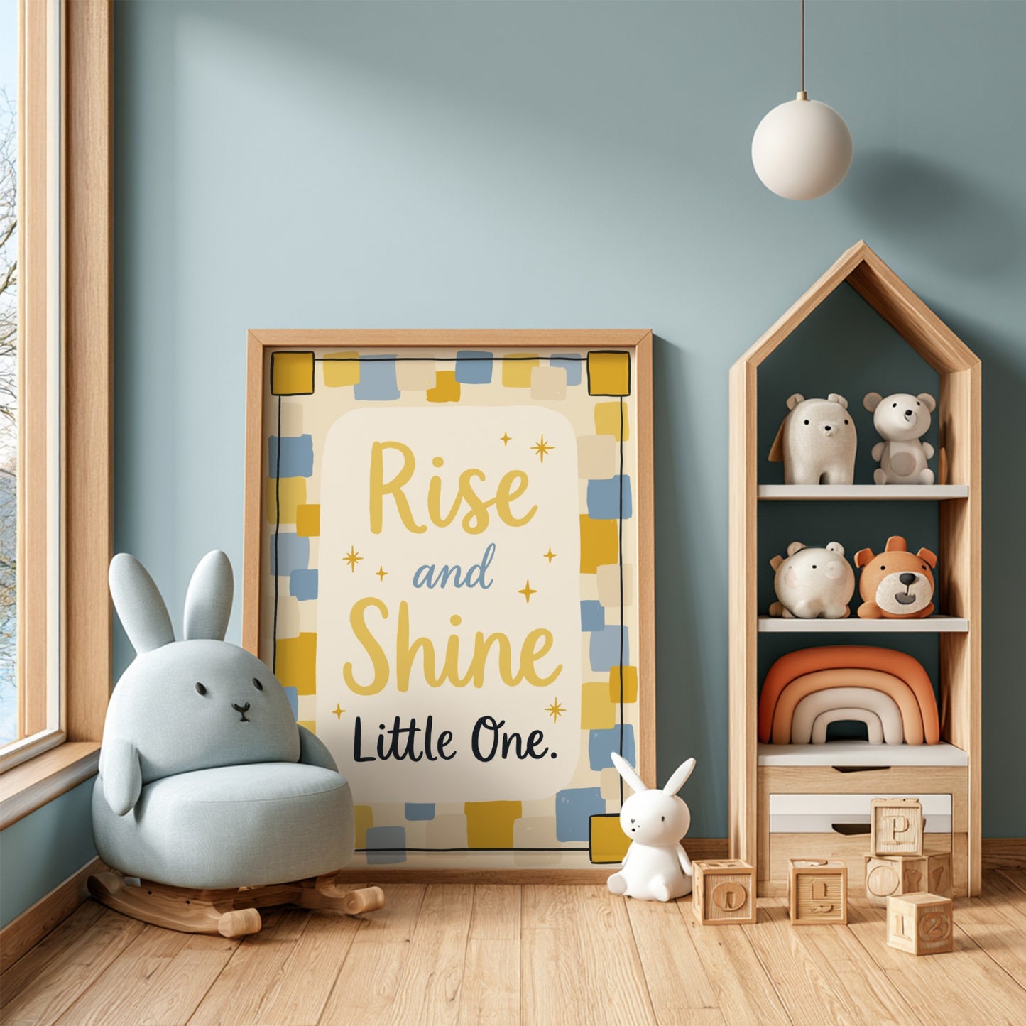 Kids room poster featuring 'Rise and Shine' in soft colors, ideal for nursery decor.