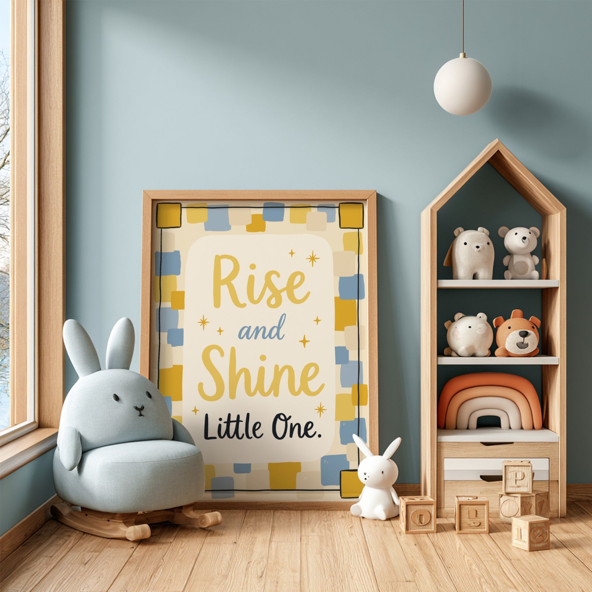 Kids room poster featuring 'Rise and Shine' in soft colors, ideal for nursery decor.