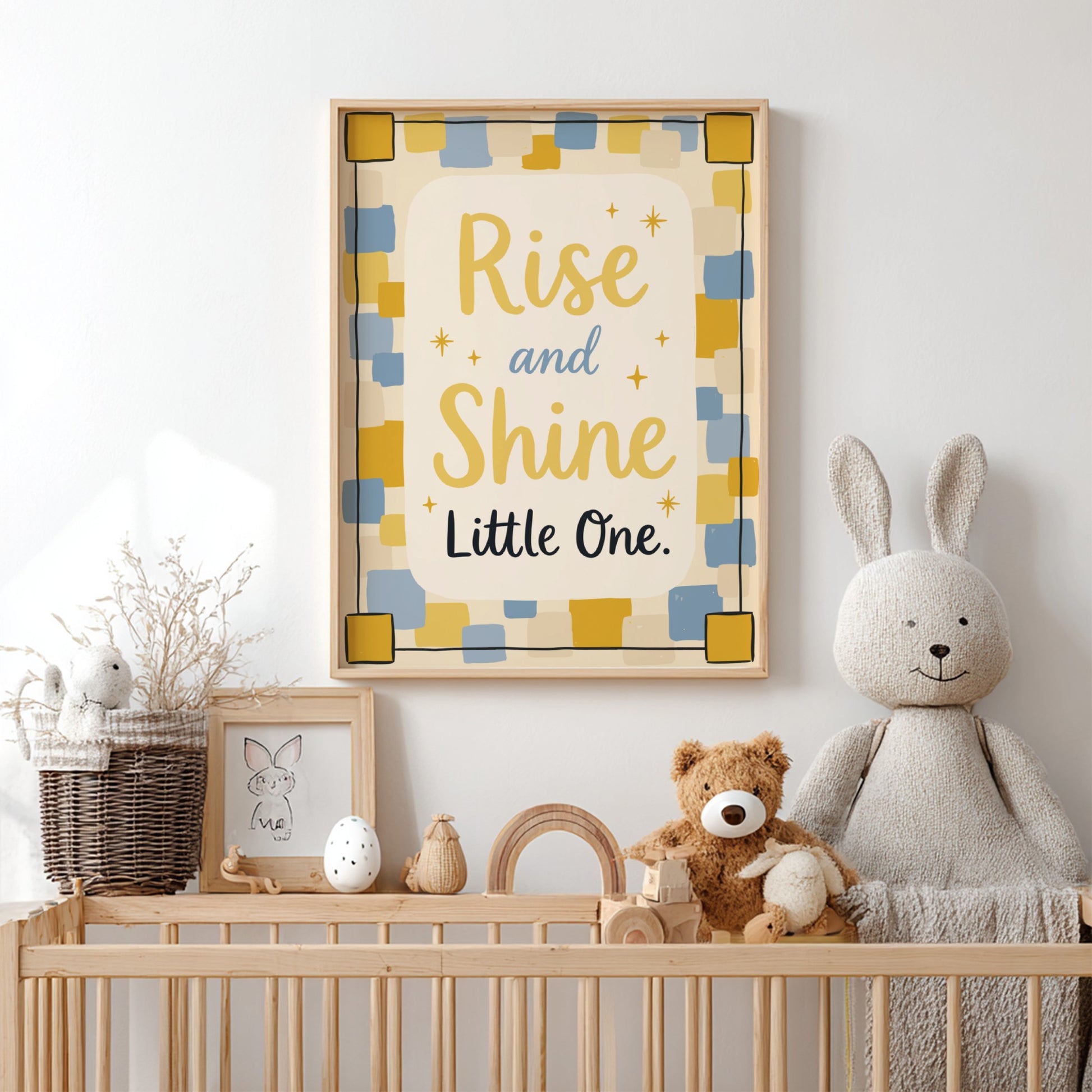 Kids room poster featuring 'Rise and Shine' in soft colors, ideal for nursery decor.