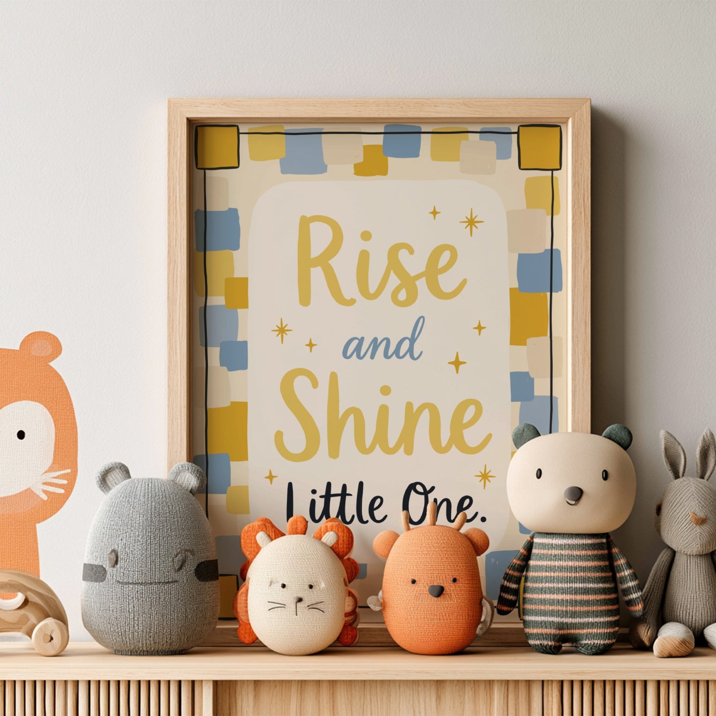 Kids room poster featuring 'Rise and Shine' in soft colors, ideal for nursery decor.