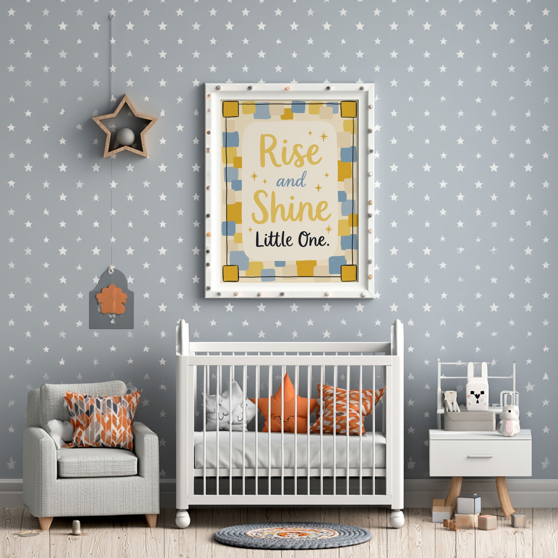 Kids room poster featuring 'Rise and Shine' in soft colors, ideal for nursery decor.