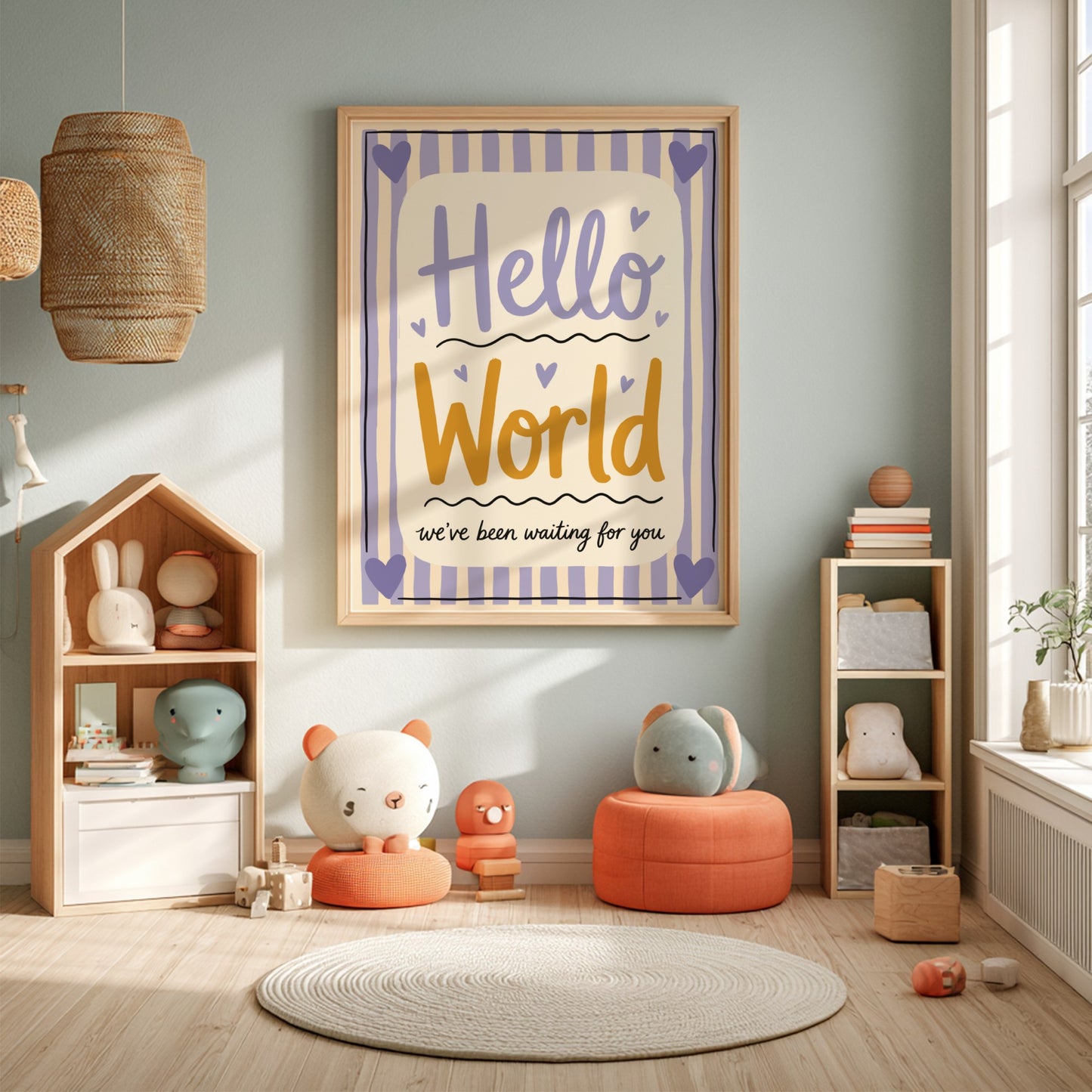 Hello World Kids Room Poster - Nursery Decor, Wall Art, Typography