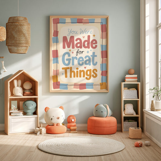 Kids room poster featuring hand-painted typography in warm colors, inspirational design for nursery decor.