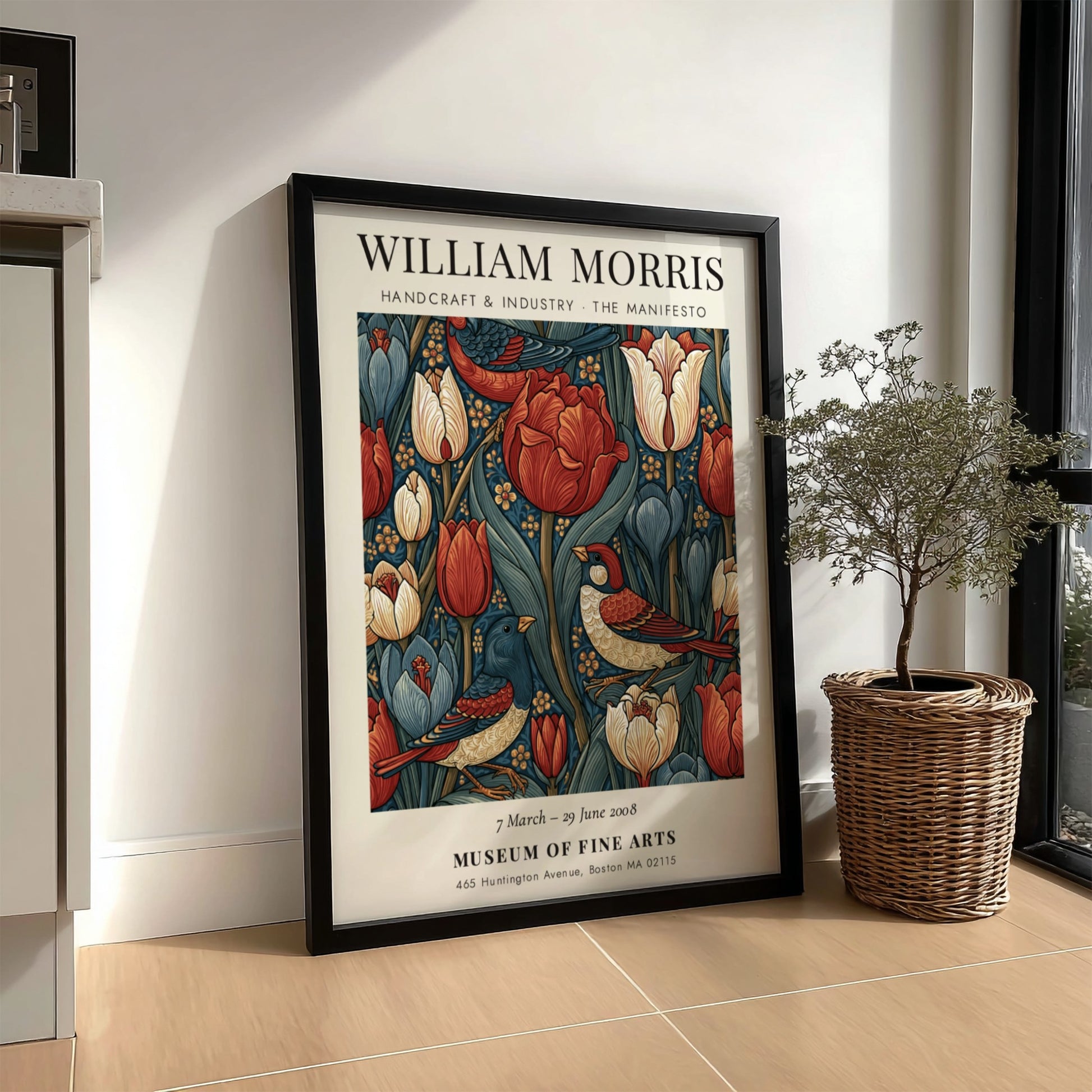 William Morris poster featuring vibrant tulips and birds in rich colors