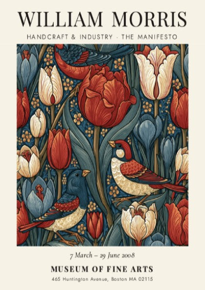 William Morris poster featuring vibrant tulips and birds in rich colors