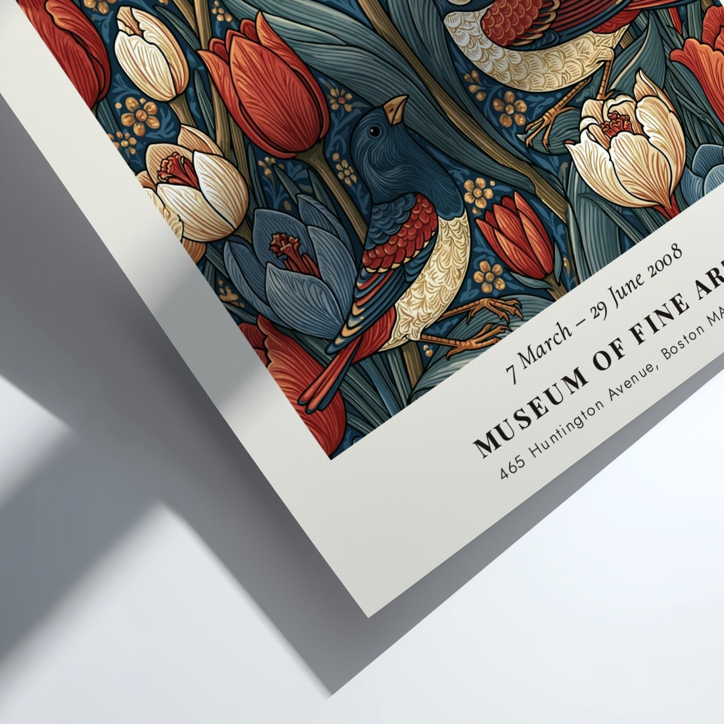 William Morris poster featuring vibrant tulips and birds in rich colors